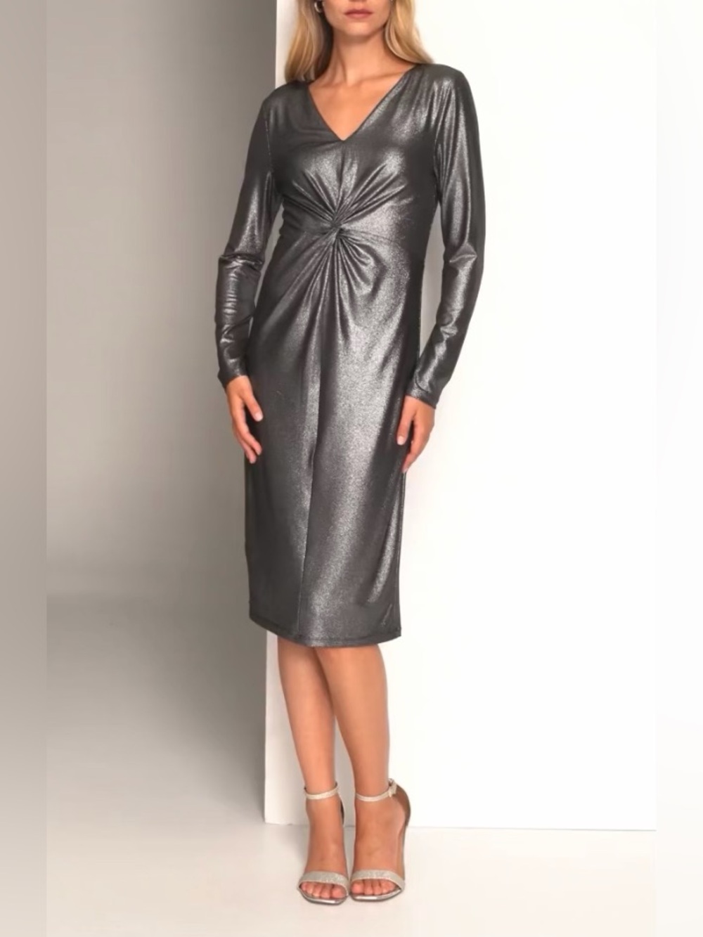Metallic Gray Twist Front V-Neck Long-Sleeve Dress